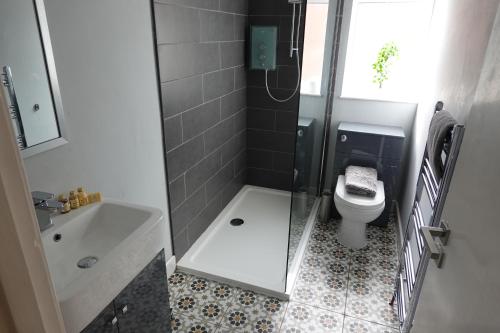 a bathroom with a shower and a toilet and a sink at Sea View in Southport