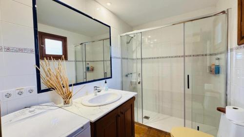 San Martín SarrocaにあるApartment with private pool and gardenの洗面台とガラスのシャワーを備えたバスルーム