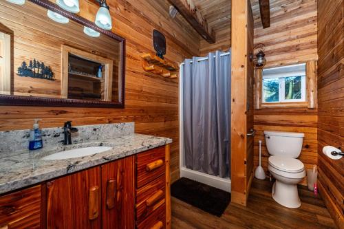 une salle de bain avec toilettes, lavabo et douche dans l'établissement Two Bedroom Log Cabin, à Unionville
