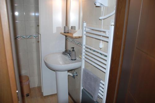 a small bathroom with a sink and a shower at Olympos House in Litochoro