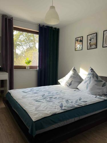 Un dormitorio con una cama grande con ventana. en Apartament Enea, en Oleśnica