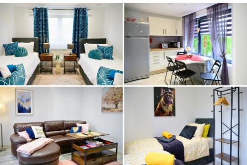 a collage of photos of a kitchen and a living room at Located in the peaceful NG8 Wollaton , Perfect for Business Trips & Family Holidays or working proffesionals-long term deals, M1 Nearby , Free Parking , Private Garden , 500Mb Wi-Fi , Netflix in Nottingham