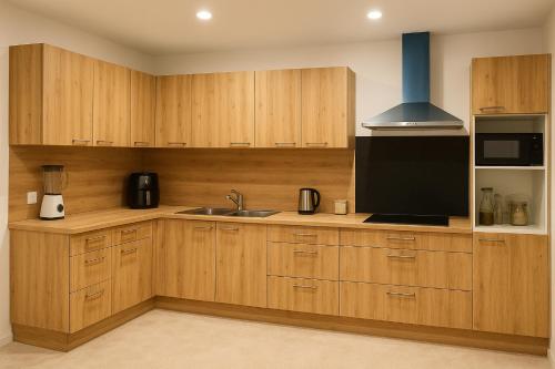 cocina con armarios de madera, fregadero y TV en Gelijkvloers appartement in hartje Menen, en Menen