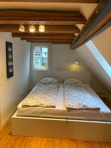 Un dormitorio con dos camas en un ático. en Frihmess, en Bensheim