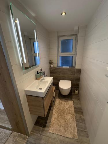 a bathroom with a sink and a toilet and a mirror at LippeStay - Modernes Apartment für 2 in Werne an der Lippe