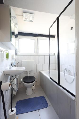 Un baño con inodoro, lavabo y bañera. en La casa de vacaciones-Obermaubach, en Kreuzau