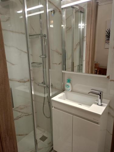 a bathroom with a shower and a sink at Votsala in Loutraki
