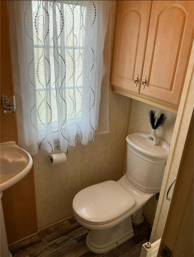 a small bathroom with a toilet and a sink at i7 Millfields 6 Berth Luxury Caravan DG & GCH Familys Only And Lead Person Must Be Over 30 in Ingoldmells