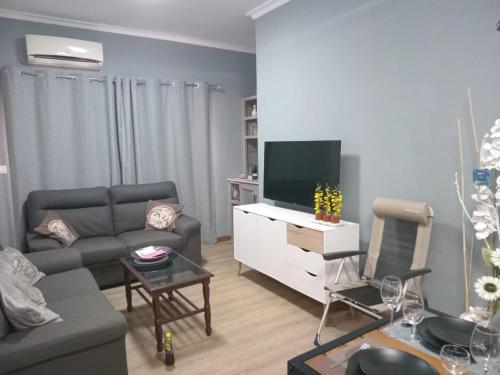 Una sala de estar con un sofá y un televisor. en Shanti Haveli Beachfront Appt, en Flic en Flac