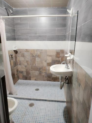 a bathroom with a sink and a shower with a toilet at Hotel Los Ajolotes in Chignahuapan