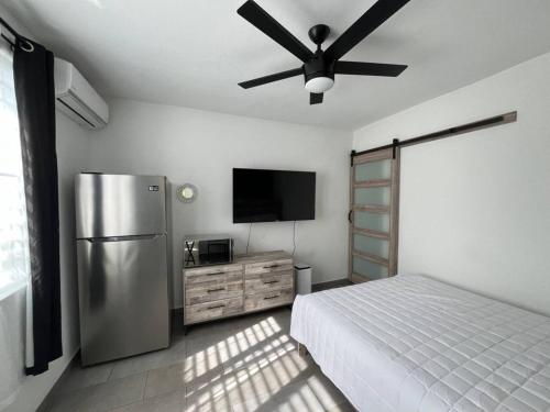 una camera da letto con frigorifero e TV a schermo piatto di Sea Breeze Tunnel Hideaway 2 a Quebradillas