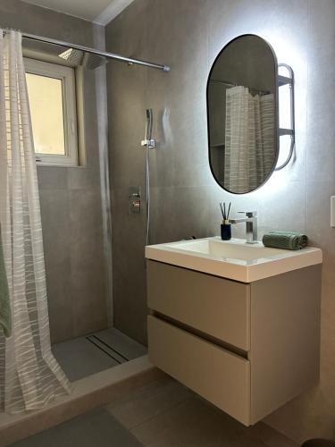 a bathroom with a sink and a shower with a mirror at Charming guest studio in the heart of Miami in Miami
