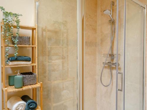 y baño con ducha con cabina de ducha de cristal. en 1 Bed in Pateley Bridge 89152, en Summer Bridge