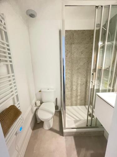 een badkamer met toilet en glazen douche bij Studio au cœur de Chabeuil in Chabeuil