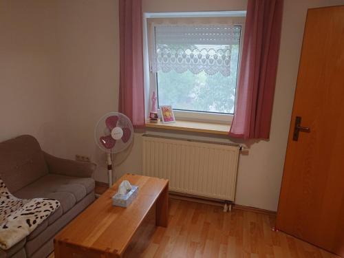 a living room with a couch and a table and a window at Ferienwohnung Erlangen Urlaub mitten in Franken in Wachenroth
