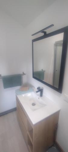 a bathroom with a sink and a mirror at Maison à 5 min de la plage in Hervelinghen