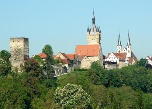 a castle on top of a hill with trees at Hotel am Rosengarten in Bad Wimpfen