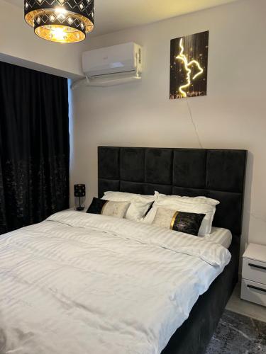 a bedroom with a large white bed with a black headboard at Andra Rezidence in Popeşti-Leordeni