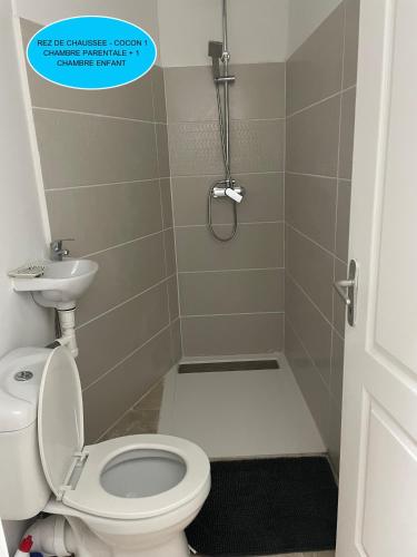a small bathroom with a toilet and a shower at Cocon de Grand Anse in Petite Île