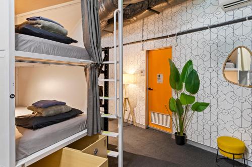 a room with two bunk beds and a yellow door at Tequila Sunrise Podstel Brisbane in Brisbane