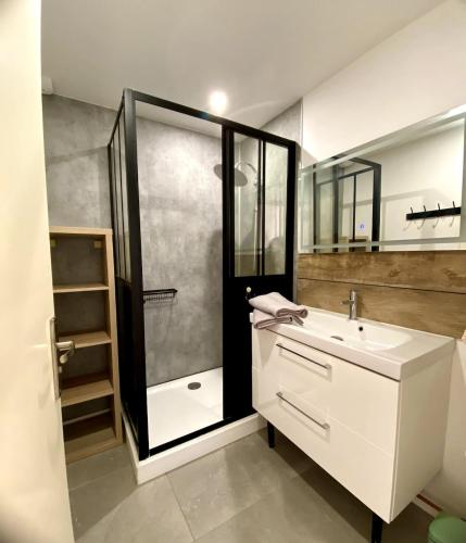 a bathroom with a sink and a shower at La Petite Vitesse in La Flèche