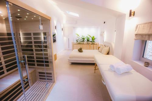 una camera con due letti e una doccia in vetro di Sauna - Massage - Double Shower - Luxe in Romans a Romans-sur-Isère
