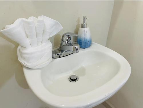 a white sink with a roll of toilet paper on it at Two Beachfront Homes Combined! in Rosarito Beach
