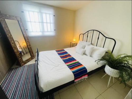 a bedroom with a bed with a mirror and a plant at Two Beachfront Homes Combined! in Rosarito Beach