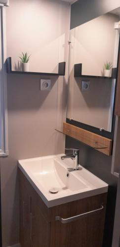 ein Badezimmer mit Waschbecken und Spiegel in der Unterkunft MOBIL HOME DE GRAND CONFORT-3ch Climatisées-CAMPING BONNE ANSE 509- 4 étoiles LA PALMYRE in Les Mathes
