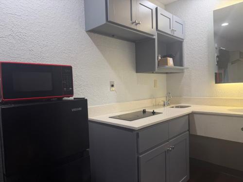 テキサスシティにあるEconomy Lodge by Hotel O Texas Cityのシンクと電子レンジのある小さなキッチン