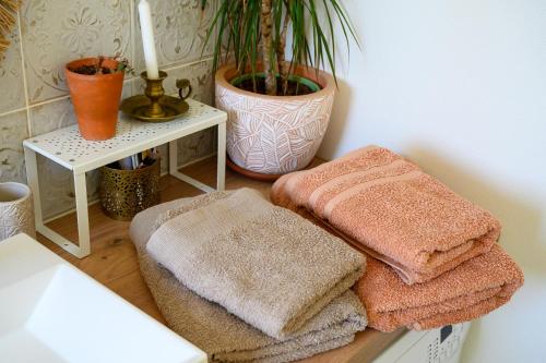 drei Handtücher liegen auf einem Regal in einem Badezimmer in der Unterkunft Appartement Cocooning in Tours