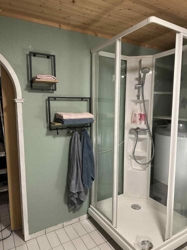a bathroom with a shower with a glass door at Leilighet i i vakre Skivika, Bodø Gratis parkering og rolige omgivelser nært sentrum in Bodø