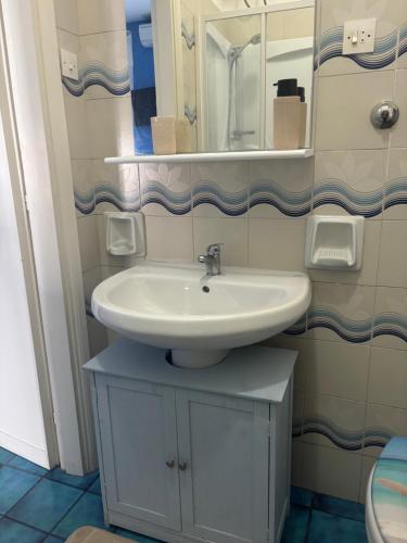 a bathroom with a sink and a mirror at Tower casa vacanze 2 in Anzio