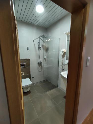a bathroom with a shower and a toilet and a sink at Premier Hotel in Skopje