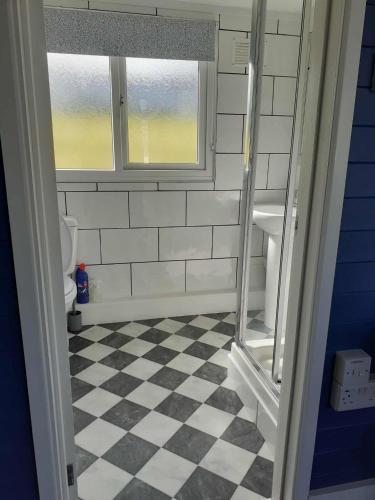 a bathroom with a black and white checkered floor at 27 bucklands in Bideford