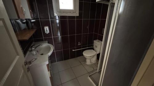 Un baño pequeño con inodoro y lavabo. en Hostelida Konya, en Konya