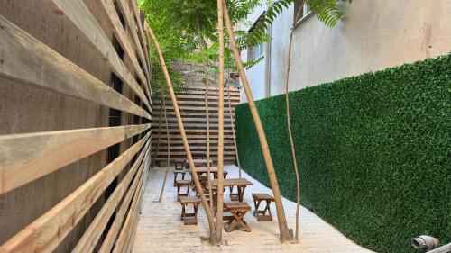 un grupo de sillas y una pared con un seto en Hostelida Konya, en Konya