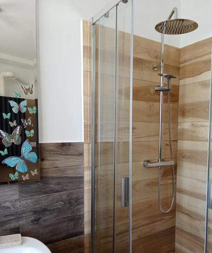 a shower with a glass door in a bathroom at La Mora in Castelvecchio Calvisio