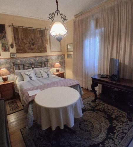 a bedroom with a bed with a table in it at Casa dos Leones in Santiago