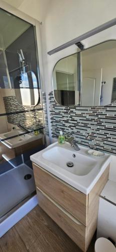 a bathroom with a sink and a tub and a mirror at Chez Mary in Larzicourt