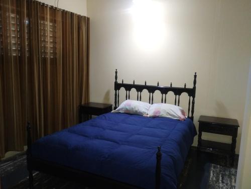 a bedroom with a blue bed with two pillows at SARA- dpto céntrico- alquiler turístico in San Juan