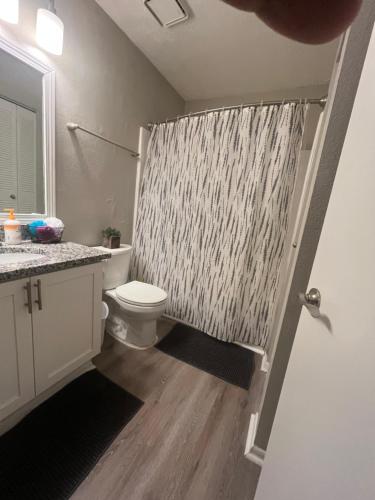 a bathroom with a shower curtain and a toilet at Cozy Vinings Hideaway in Atlanta