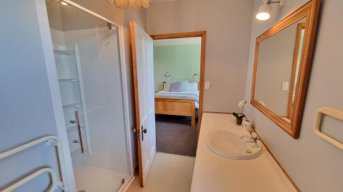 Un baño con lavabo, ducha y espejo. en 15 Leamington Street, en Hanmer Springs