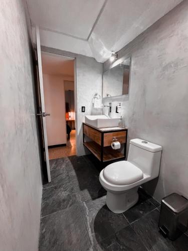 a bathroom with a white toilet and a sink at Two-bedroom apartment with AC in the center Oaxaca in Oaxaca City