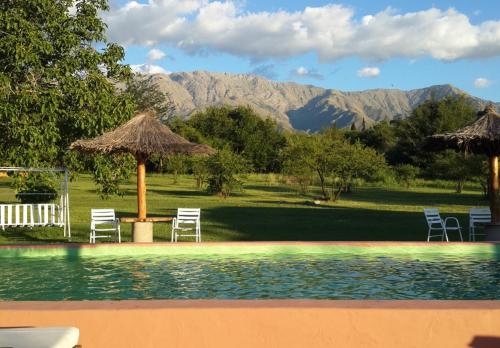 - une piscine avec des chaises et des parasols avec des montagnes en arrière-plan dans l'établissement Cabañas Bendita Tierra, à Los Molles