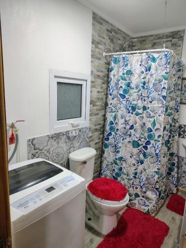 a bathroom with a toilet and a shower curtain at Cabañas Puerto Natales centro in Puerto Natales