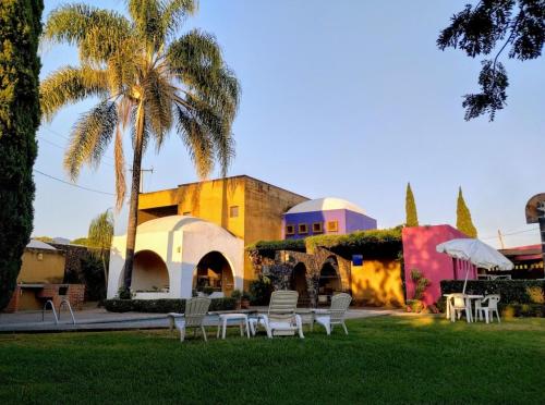 un gruppo di sedie in un cortile con una palma di Moderna Casa Minimalista en Tlayacapan Morelos a Los Laureles