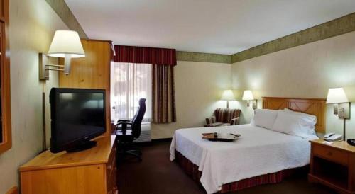 a hotel room with a bed and a flat screen tv at Flagstaff Hotel in Flagstaff