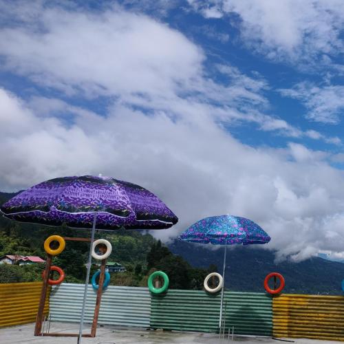 two purple umbrellas sitting on top of a bench at View Porjoton Mairung Gaon Homestay in Rishop