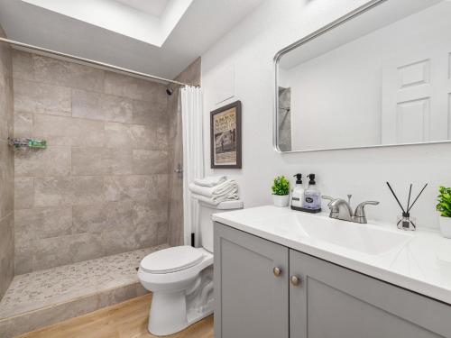 a bathroom with a toilet and a sink and a shower at Casitas en Pueblo - Central Lofts in Pueblo
